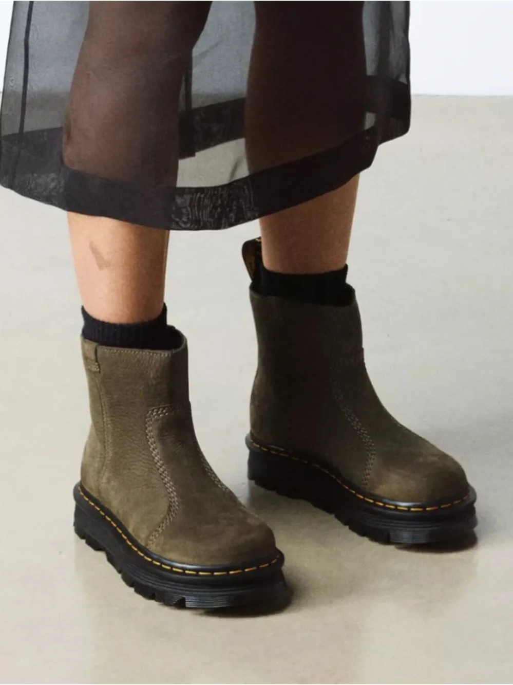 Dr. Martens Zebzag Rigger Slip-On Nubuck Platform Boots in DMS Olive US 9/ EU 41